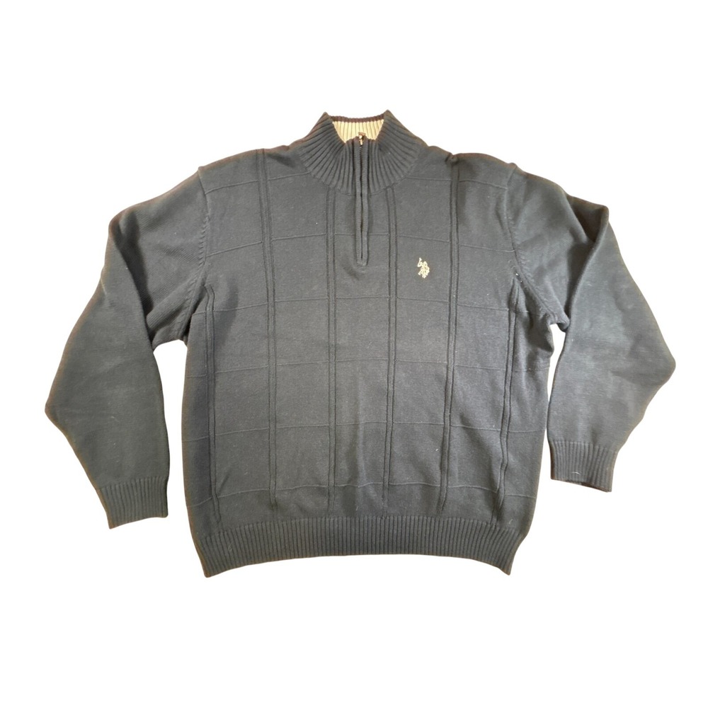 US Polo Assn Mens 2XL‎ Navy Blue Windowpane Quarter Zip Cotton Sweater